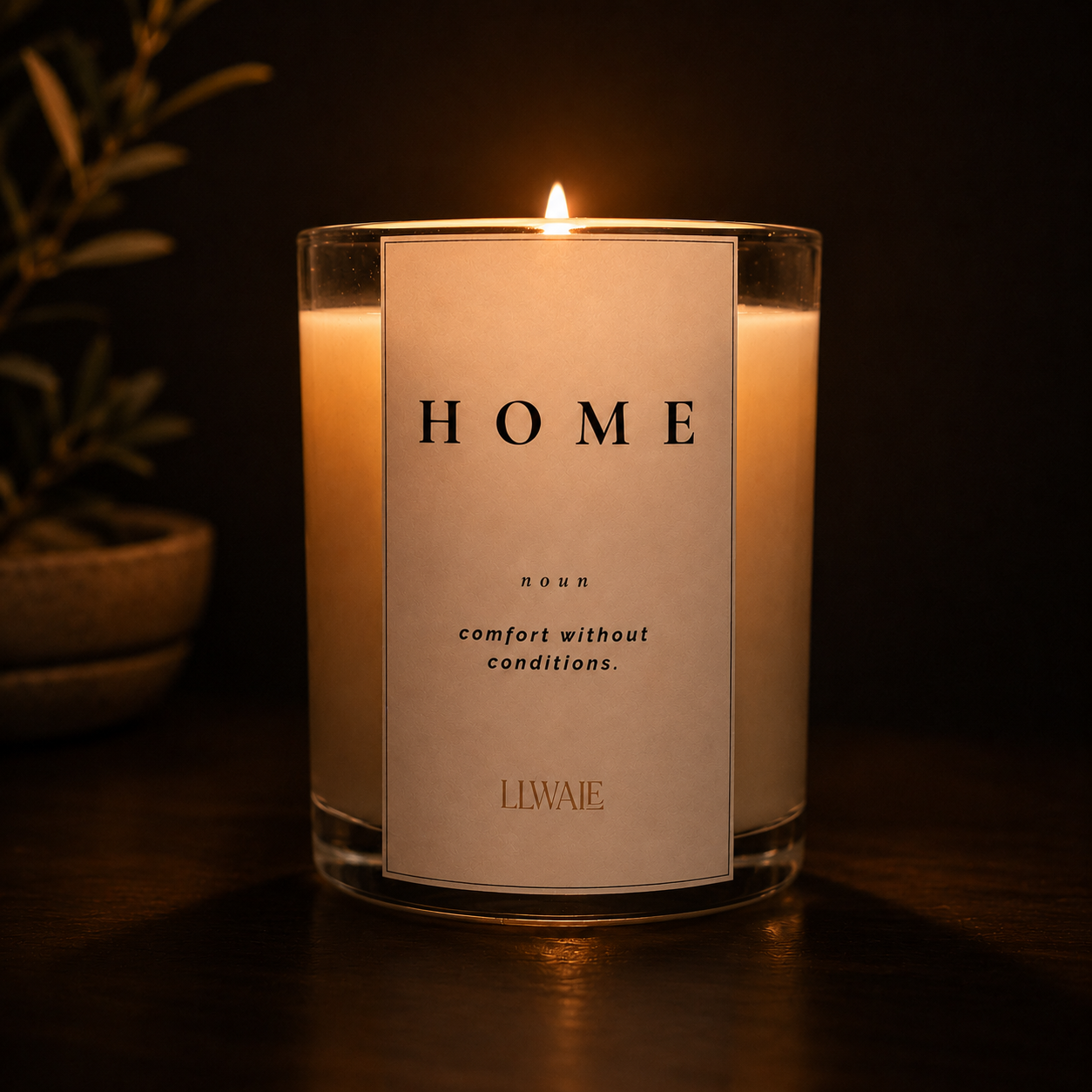 LLWALE Home candle lit at night, moody ambiance